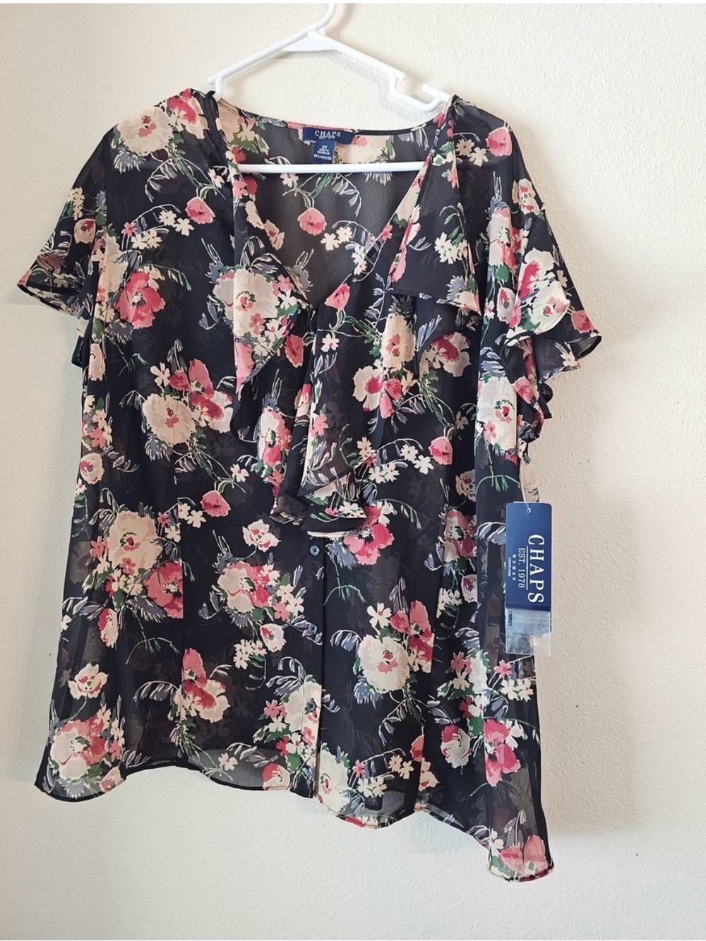 Chaps Black Floral Ruffle Neck Short Sleeve Blouse